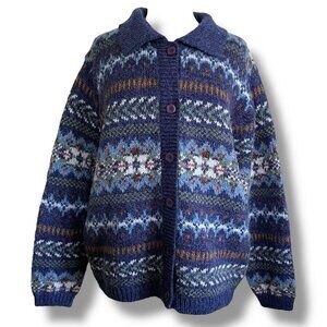 Vintage 90s Classic Elements Womens Cardigan XL 1X Blue Fair Isle Wool Sweater